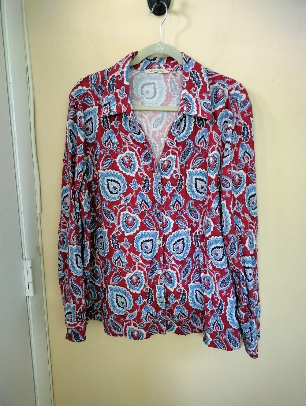 Soft Surroundings XL Cotton Button Up Red Blue Paisley Tunic Shirt Office Travel